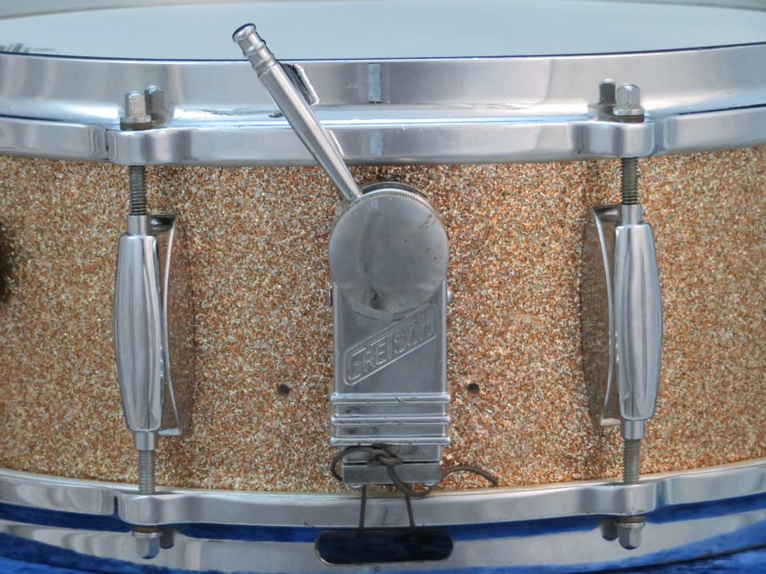 Gretsch Model 4157, 5 x 14 Champagne Sparkle Pearl Wood Snare Drum Serial #51058
