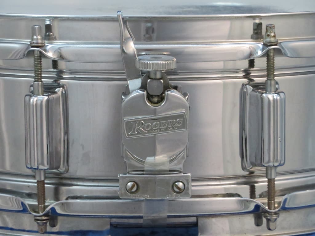 Rogers Powertone 5 x 14 Chrome Over Brass Snare Drum 1970's Serial #049985