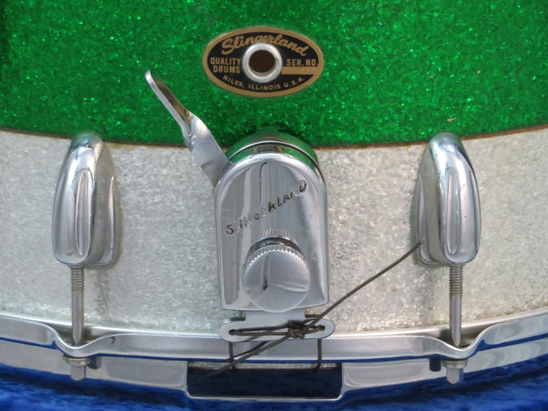 Slingerland Kick 10 x 14 Sparkling Green and Silver Pearl Wood Marching Snare Drum 1966 Serial #104069