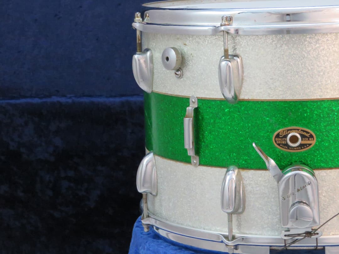 Slingerland Kick 10 x 14 Sparkling Green and Silver Pearl Wood Marching Snare Drum 1966 Serial #104069