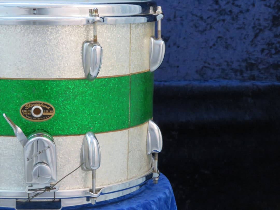 Slingerland Kick 10 x 14 Sparkling Green and Silver Pearl Wood Marching Snare Drum 1966 Serial #104069