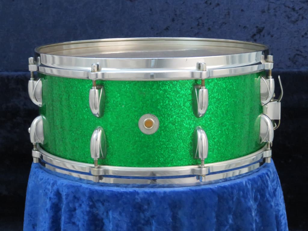 Walberg and Auge Perfection 6.5 x 15 Green Sparkle Wood Snare Drum 1964 Serial #9-64