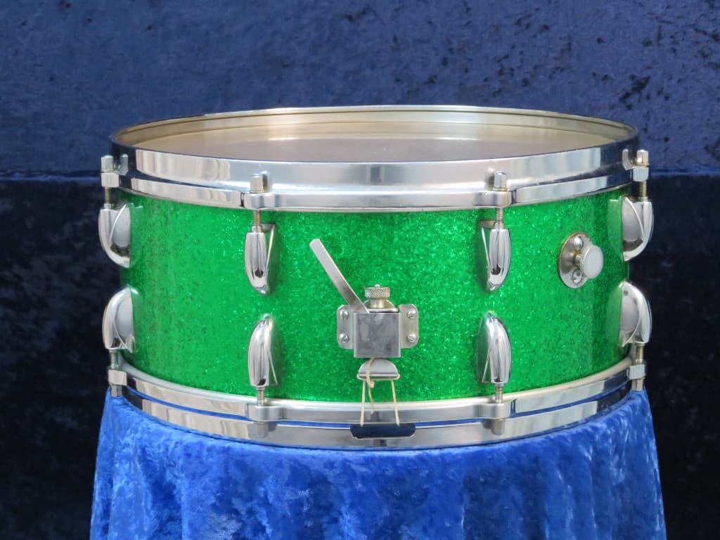 Walberg and Auge Perfection 6.5 x 15 Green Sparkle Wood Snare Drum 1964 Serial #9-64