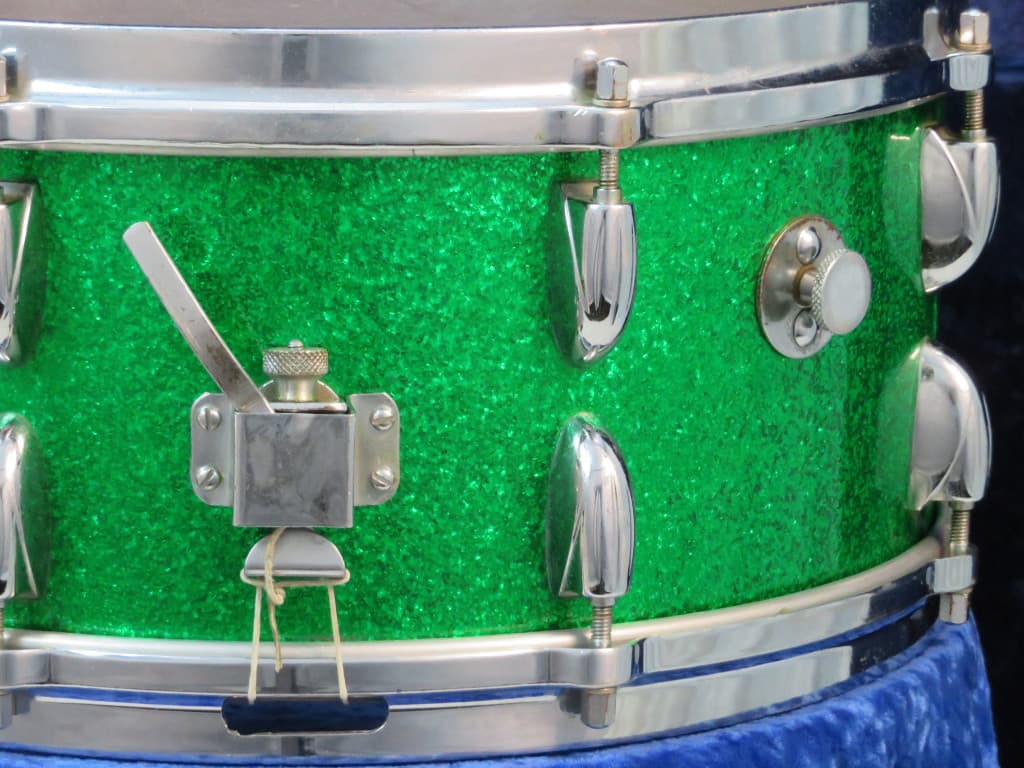 Walberg and Auge Perfection 6.5 x 15 Green Sparkle Wood Snare Drum 1964 Serial #9-64