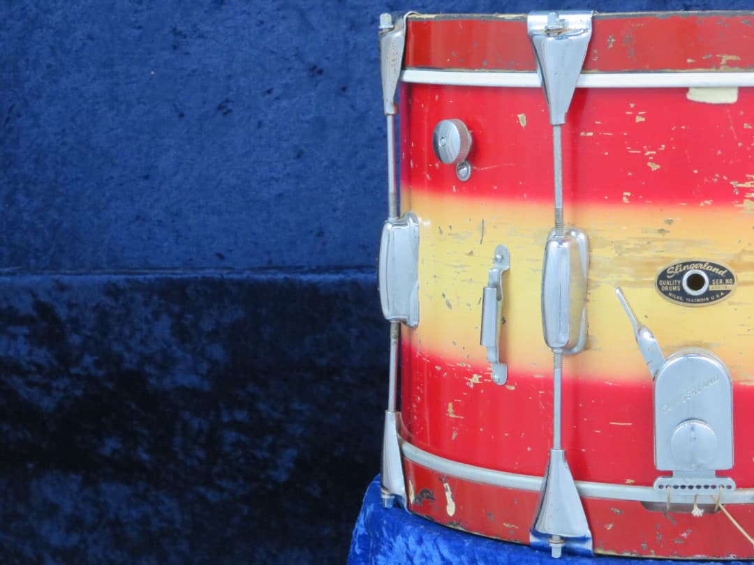 Slingerland 10 x 14 Red and Yellow Duco Wood Hoop Marching Snare Drum 1940's Serial #205987